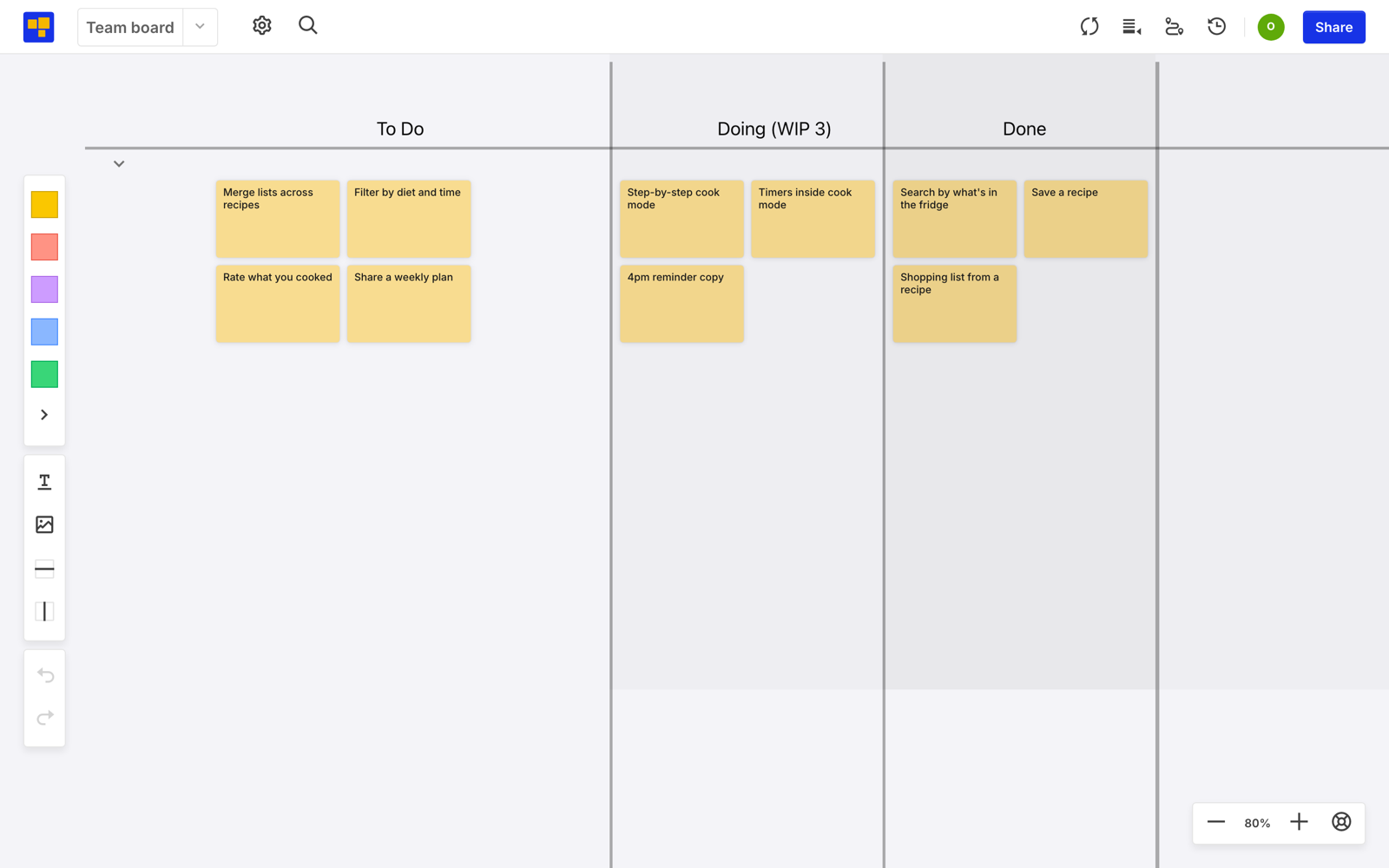 A CardBoard Kanban board named Team board with three columns: To Do with four cards, Doing (WIP 3) with three cards, and Done with three cards.