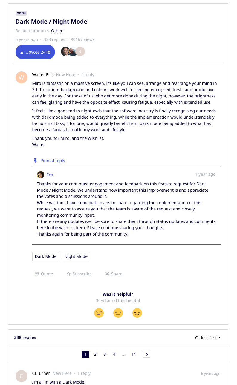 Miro's "Dark Mode / Night Mode" idea: open for six years, 2,418 upvotes, 338 replies, 90,167 views, with a pinned staff reply saying there are no immediate plans. 30% found it helpful.