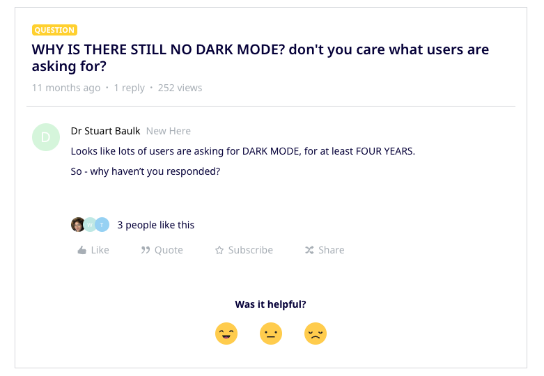 A Miro community question titled "WHY IS THERE STILL NO DARK MODE? don't you care what users are asking for?" noting users have asked for at least four years.