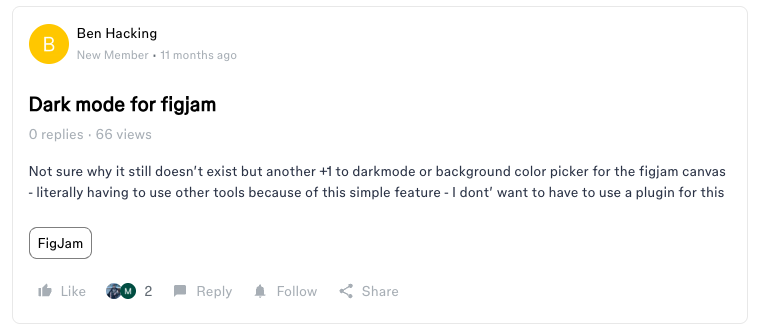 A FigJam forum post titled "Dark mode for figjam" calling it a simple feature, with zero replies.