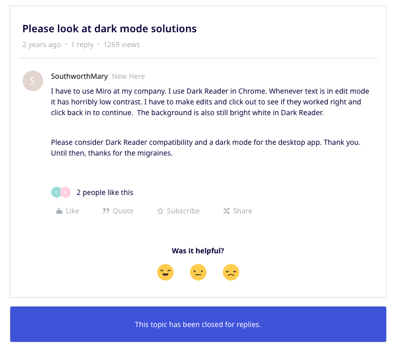 A Miro community post describing Dark Reader making edit-mode text low contrast and the background staying bright white. The topic is closed for replies.