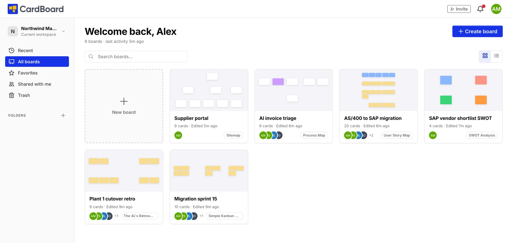 The boards dashboard for the Northwind Manufacturing workspace, showing boards such as AS/400 to SAP migration, AI invoice triage, and Supplier portal, each with its map type and collaborators