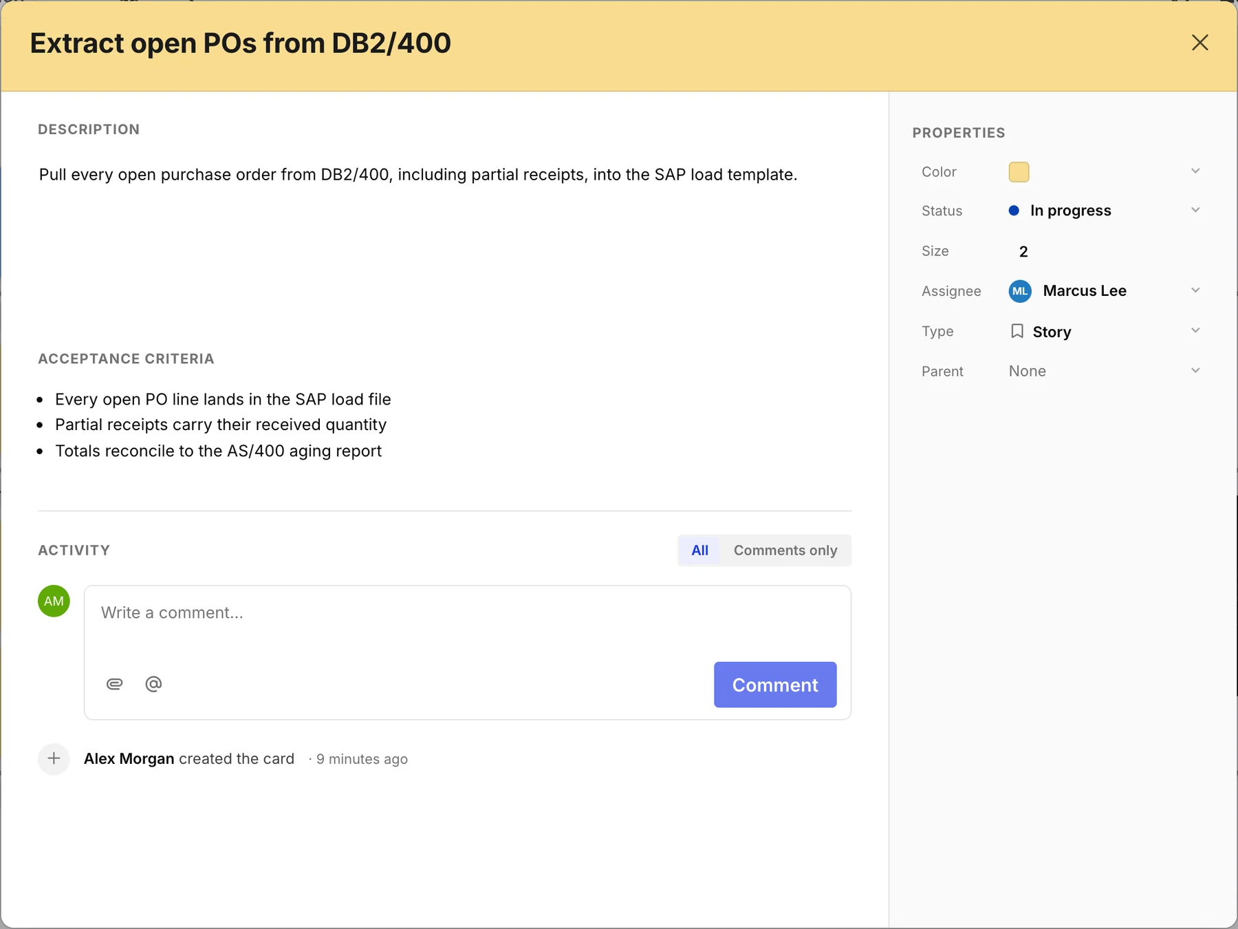 Card details for Extract open POs from DB2/400, with a description, acceptance criteria, activity, and properties for color, status, size, assignee, type, and parent