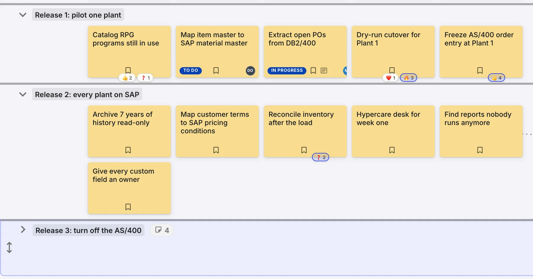 Horizontal slices on a story map marking Release 1: pilot one plant, Release 2: every plant on SAP, and a collapsed Release 3: turn off the AS/400 holding 4 cards