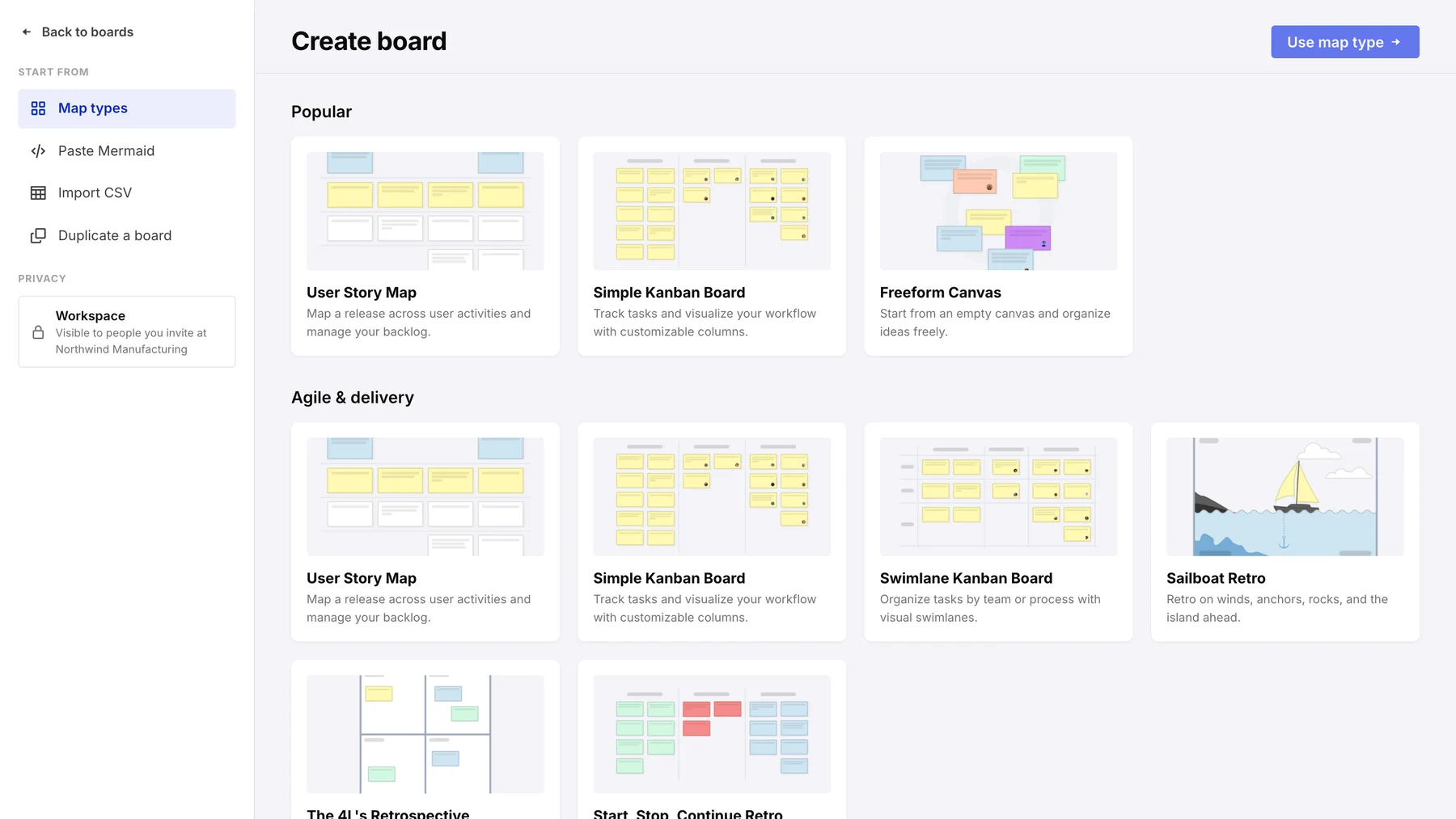 The Create board page, listing map types such as User Story Map, Simple Kanban Board, Freeform Canvas, Swimlane Kanban Board, and Sailboat Retro