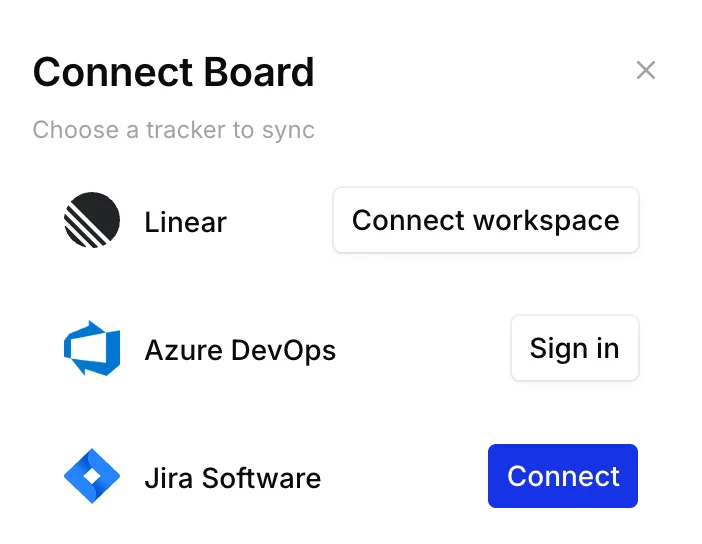 The Connect Board drawer listing trackers a board can sync with, including Azure DevOps and Jira Software