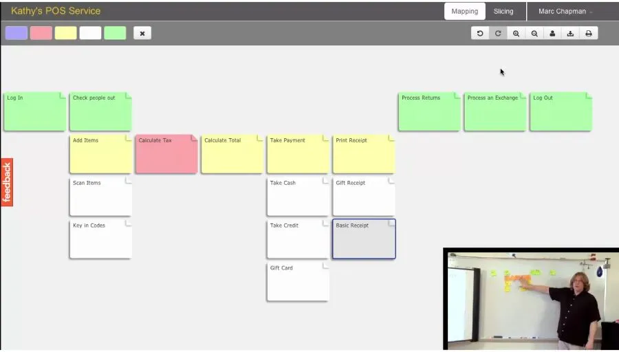 An early CardBoard user story map titled Kathy's POS Service, facilitated by David Hussman, as featured in Jeff Patton's book User Story Mapping.