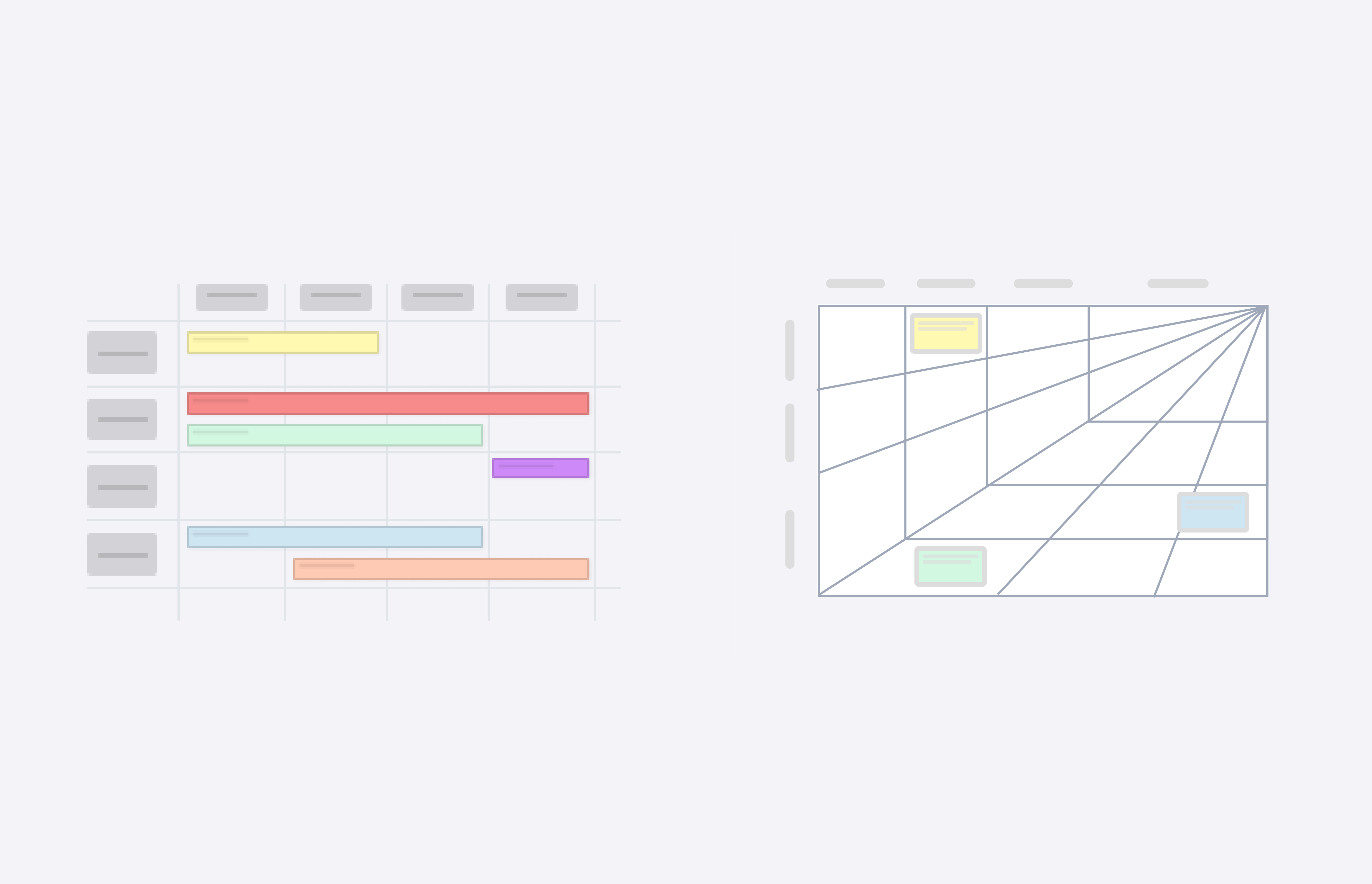 Two roadmap layouts: on the left, a grid of four focus-area rows by four time-horizon columns with colored bars spanning the horizons; on the right, a three-horizons chart with cards placed by how far out they are
